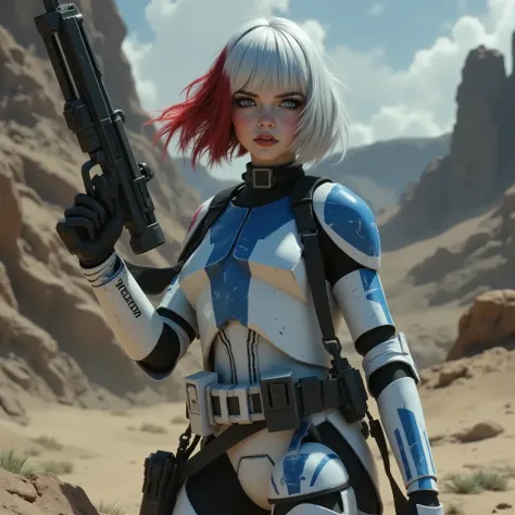 artwork, 7-Phase2, clone trooper, white and blue paint, young female, young face, (white bob hair with red hair endings):1.3, cold blue eyes, full body view, desert, blaster Pistol in hand, helmet hangs on bandolier from the hips ,
