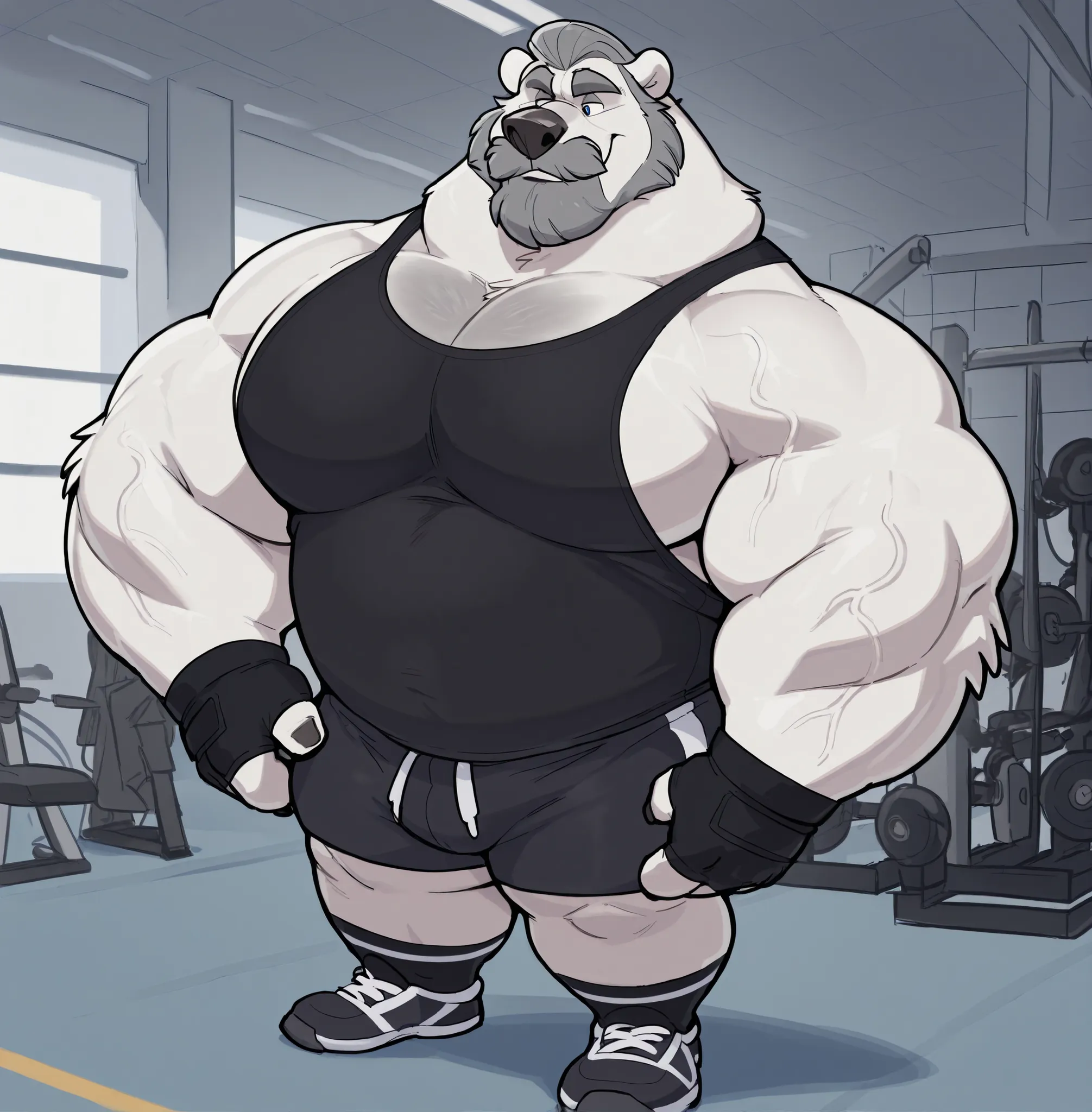 huge muscular polar bear at Disney Gym Center, big strength, polar bear, huge white fur, thick arm, huge arm, added thick gray mustache, added thick gray beard, Short gray hair, (thick veiny muscular, pectoral, wide pectoral, thick arms), height: 220cm (7’...