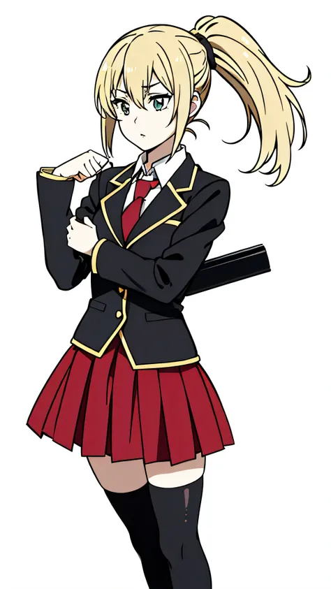 (1girl, solo,20 years old,mature female),blonde hair,long hair,ponytail,serious,hair between eyes,(white background), necktie,black jacket, blazer,long sleeves,pleated red skirt, hands on waist