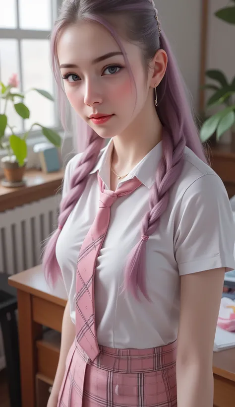 i CINEMTIC FULL BODY PICTURE OF 1girl, sexy CUTE Cumface girl, braids, cute face, gorgeous, ((skinny anorexic body)), (body heigth:177cm), cute, pretty face, pale skin, pink staright braid hair, hairpins, hairclips, blue eyes, full shiny lips, big lips, ...