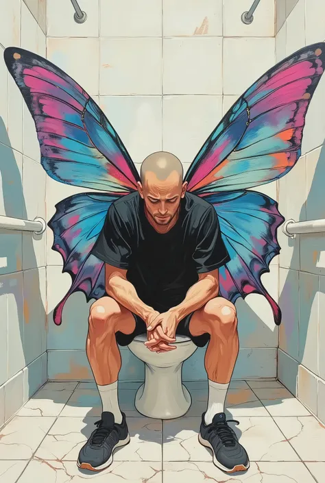acrylic painting style, expressive brush strokes, a 30-something man in a black athletic ping pong uniform, shaved head, no eyebrows, sitting on a modern white porcelain toilet in a stark white restroom stall, elbows resting on knees, hands clasped tightly...