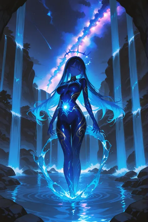 Masterpiece、anime style、best quality、high resolution、4k,Water elemental sprites,Body made of liquid sapphires,arms turn into water flow,Inner nebula light cluster,boiling spring water long hair,standing at the edge of a waterfall,Dreamy Lights and Shadows,...