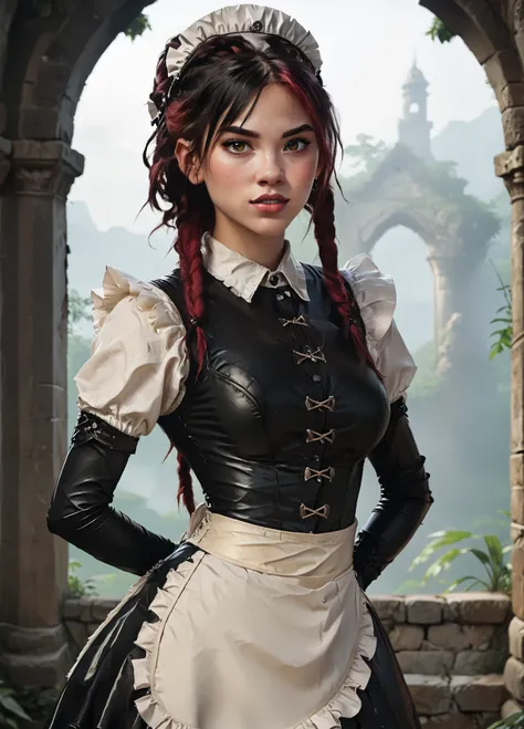 Slender body. White skin. Cute 18-year-old girl with big Asian red eyes and unnaturally sharp teeth and dreadlocks with white highlights. Sharp and pointy teeth. She has a cute and beautiful face. She has a round and young face with a pointy chin. Her body...