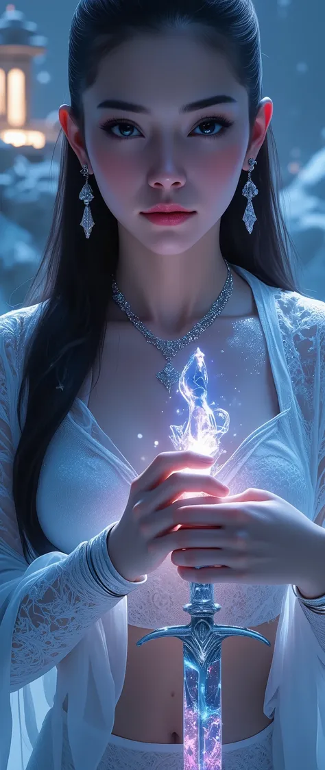"Fantasy ink style painting, portrait of a fierce girl on a glacier cliff, (Full-body up), (Close-up Face), (Body Focus, Face Focus), wearing a sexy futuristic fur outfit with neon-lit light, temple ruins visible in the blurred background, cold light empha...