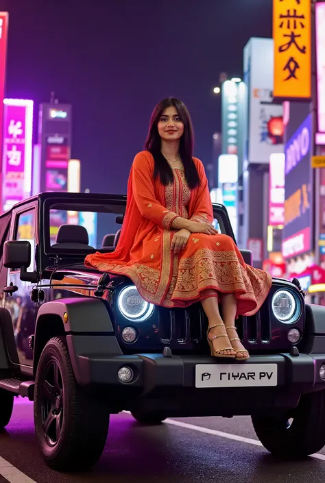 A girl in punjabi suit sitting on the black Thar 26inches alloys in night at tokyo with orange and pink neon lights