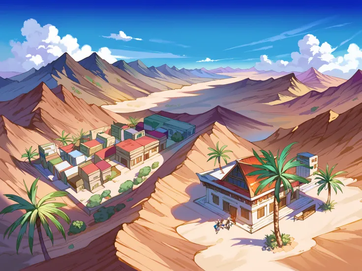 score_9, score_8_above, score_7_above, Tops, anime origin, Minaba Hideo style (granblue fantasy), defined lines, vibrant colors, high quality BREAK art, desert landscape. AN OASIS IN THE DESERT WITH PALM TREES.