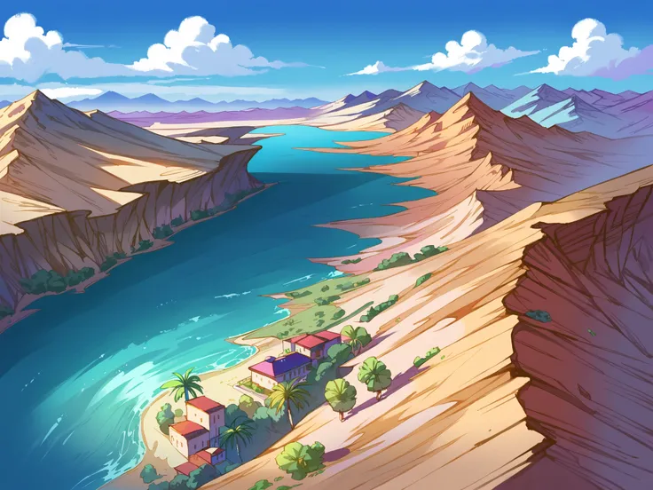 score_9, score_8_above, score_7_above, Tops, anime origin, Minaba Hideo style (granblue fantasy), defined lines, vibrant colors, high quality BREAK art, desert landscape. UN lake EN EL DESIERTO. lake. Water