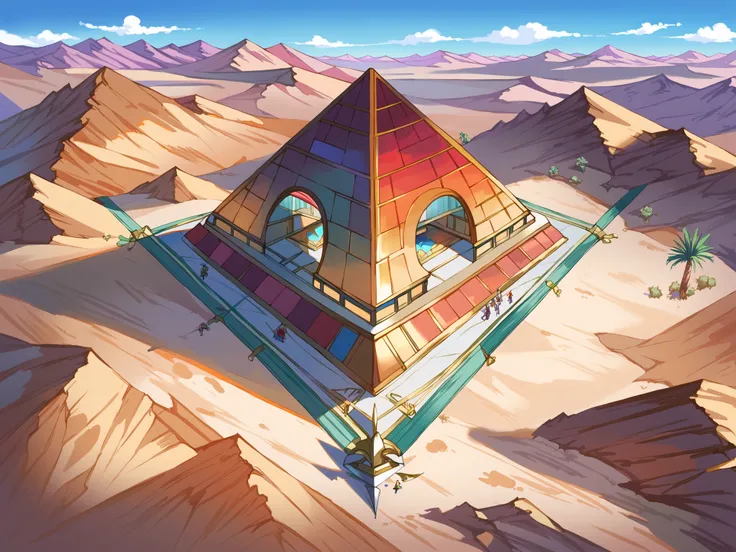 score_9, score_8_above, score_7_above, Tops, anime origin, Minaba Hideo style (granblue fantasy), defined lines, vibrant colors, high quality BREAK art, desert landscape. A PYRAMID IN THE DESERT.
