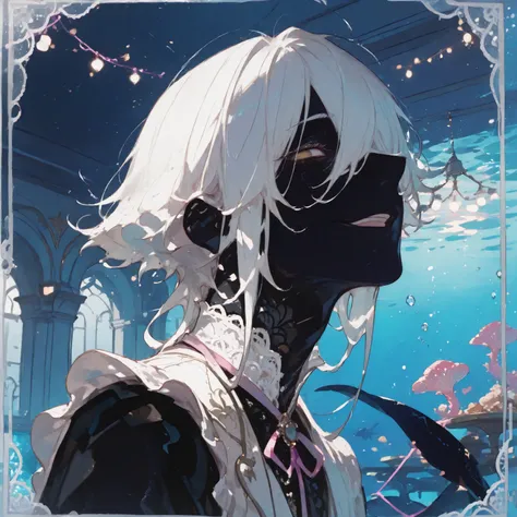 (((face, portrait,))) looking at viewer, from side, (((lace border,))) bored gaze, open mouth, mischievous smile, 1 ((man)), naiad, no pupils, short white hair, long bangs, hair over one eye, ((black skin,)) (black merman ears), ((white)) ethereal regency ...