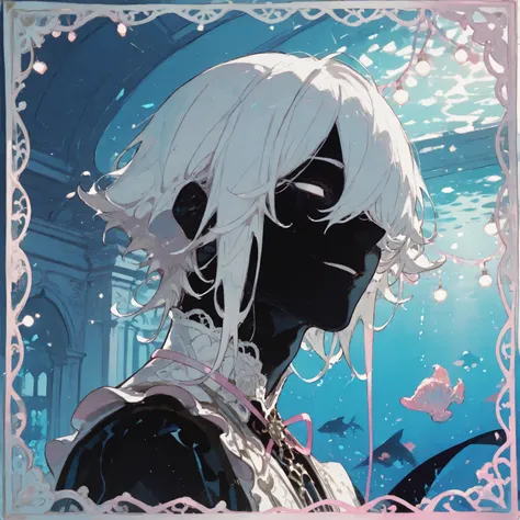 (((face, portrait,))) looking at viewer, from side, (((lace border,))) bored gaze, open mouth, mischievous smile, 1 ((man)), naiad, ((no pupils)), short white hair, long bangs, hair over one eye, ((black skin,)) (black merman ears), ((white)) ethereal rege...
