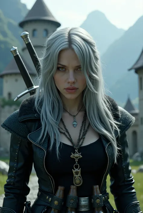 photo of the witcher from the series The Witcher (with Henry Cavimle) , ((but only the witcher is played by Scarlett Johansson)). (Scarlett Johansson as The Witcher) ,close-up,photo(still from the movie with Kaer Morhen Fortress in the background ) hyperre...