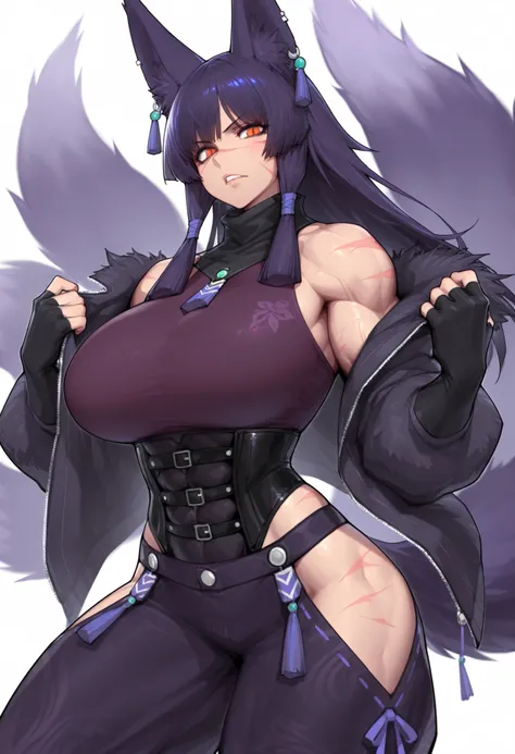 gorgeous kitsune girl, beautiful face, kitsune, hair of ash-purple color, orange eyes, red slit pupils, personalami style, volputrous body, giant breasts, curvy and athletic, fox ears, dark adventurer jacket, buggy pants, figure-flattering corset, fox tail...
