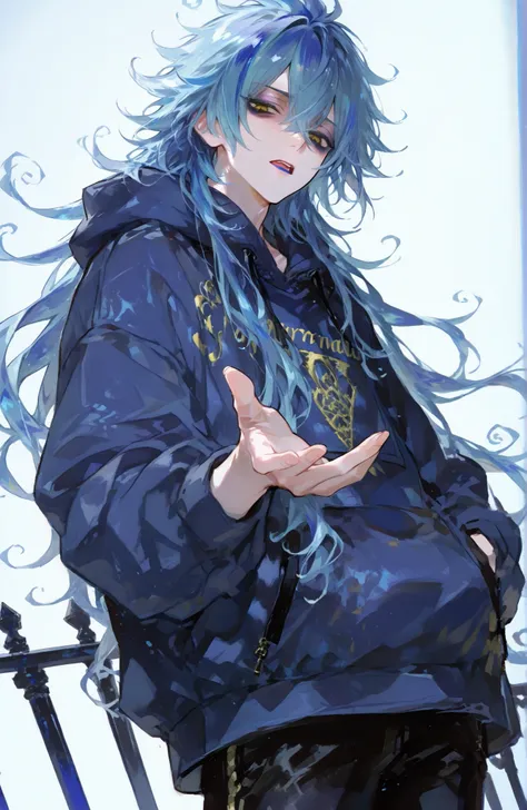 Mature man, man, one man,BREAK Disney Twisted-Wonderland,Disney Twisted-Wonderland_idia shroud, idia shroud, Male, man, standing, serious, yellow eyes, blue lip , burnt blue hair, Dark blue roots, gradation hair, burnt light blue hair, long hair, bangs,Yel...