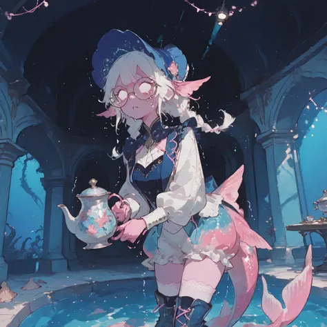 cowboy shot, isometric perspective, teary eyes, parted lips, holding tea pot, standing, knees together feet apart, trembling, nervous demeanor, nervous expression, 1 ((girl)), naiad, (((no pupils,))) pink skin, circle glasses, legs, pink tail, blue regency...