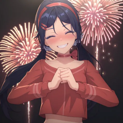 
highres, hi res, best quality, masterpiece, 2d, intricate details, 4k, anime coloring, shadow, uncensored, eyelashes, nose, nose blush, long hair , dark blue hair, closed  eyes, red hairband , red hairclips , hair ornament , twintails , parted bangs, red ...