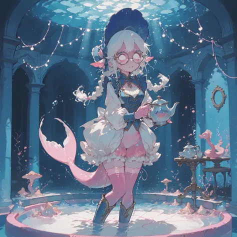 cowboy shot, isometric perspective, teary eyes, parted lips, holding tea pot, standing, knees together feet apart, trembling, nervous demeanor, nervous expression, 1 ((girl)), naiad, (((no pupils,))) pink skin, circle glasses, legs, pink tail, blue regency...