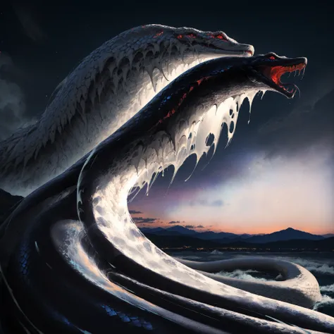 artist: wlop, masterpiece, best quality, illustration, fantasy monster , white sea serpent, white skin, red eyes, snake body, snake, sea snake, fantasy, detailed, lighting, colorful, Realistic Shadows, epic, highly detailed, illustration style background, ...