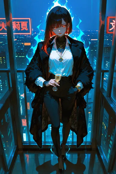Masterpiece、anime style、best quality、high resolution、4k, Female CEO of a business empire,30 years old,Cool and domineering,A stern look,Crimson lips,Long hair with rounded or neat short hair,Wearing a perfectly tailored black suit(Black mink fur shawl coat...