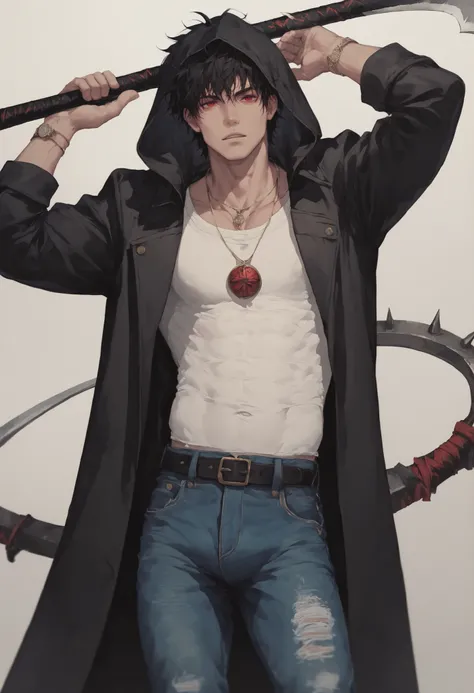 A 22 year old man with white skin, he's 2 meters tall, Red eyes that look empty, black short messy hair, he is using a black overcoat with white X details and a hood, a white shirt under the overcoat, he is also wearing some jeans, his shows are black and ...