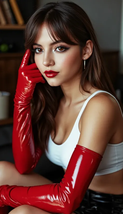 full body portrait including legs and feet, red lip gloss, thick white eyeliner flicks, mascara, face close up, beautiful brown hair, latex final fantasy tifa outfit with black latex pleated micro skirt latex white top latex red gloves and boots, red latex...