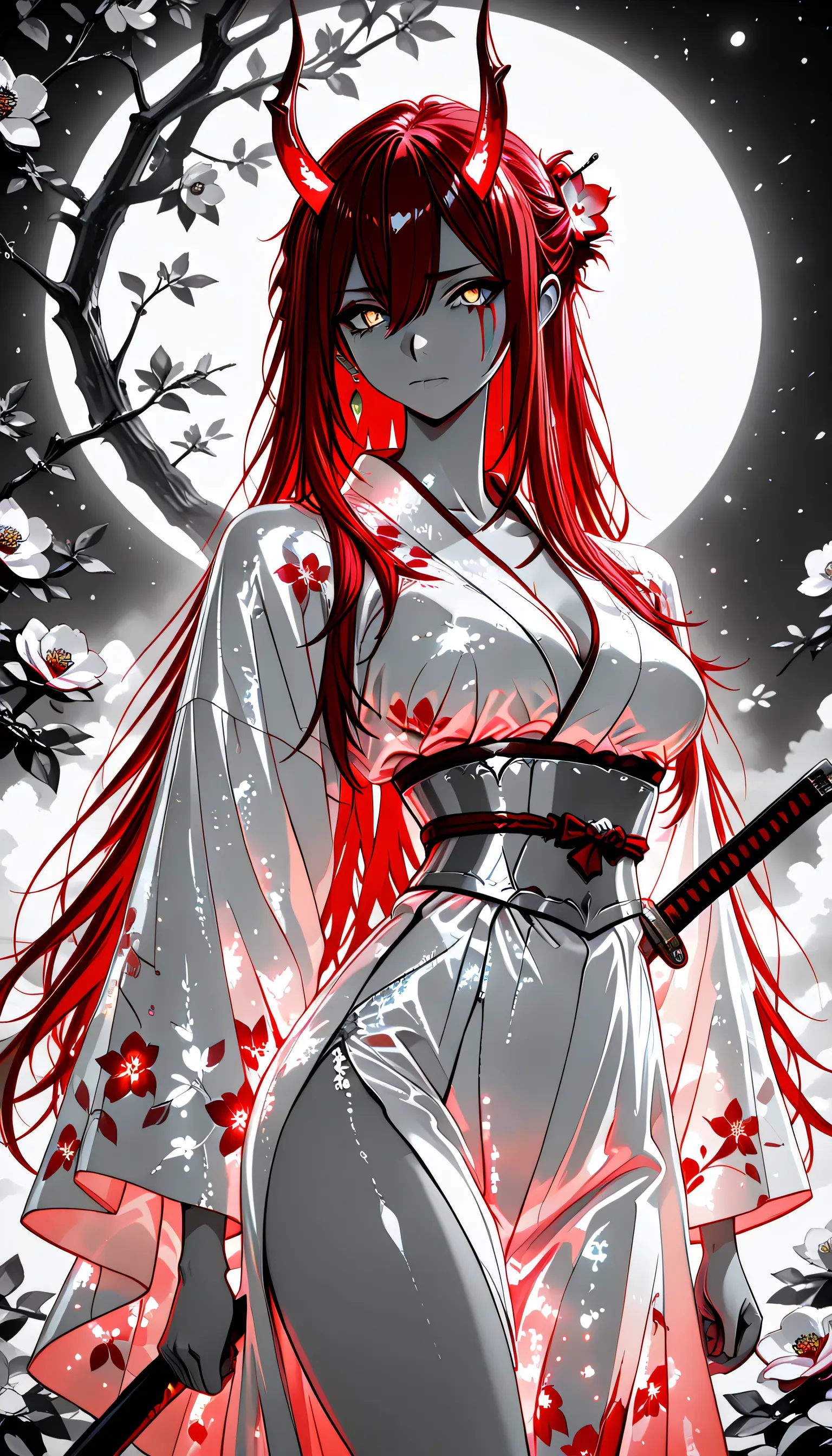 1 girl , golden eyes , very long hair , long sidelocks, red hair ,half updo, petite , very cute , beautiful ,Straight hair, cool, handsome, hair between eyes, sexy, medium breasts , blood tears, white kimono, sengoku period, white warrior, white armor, sh...