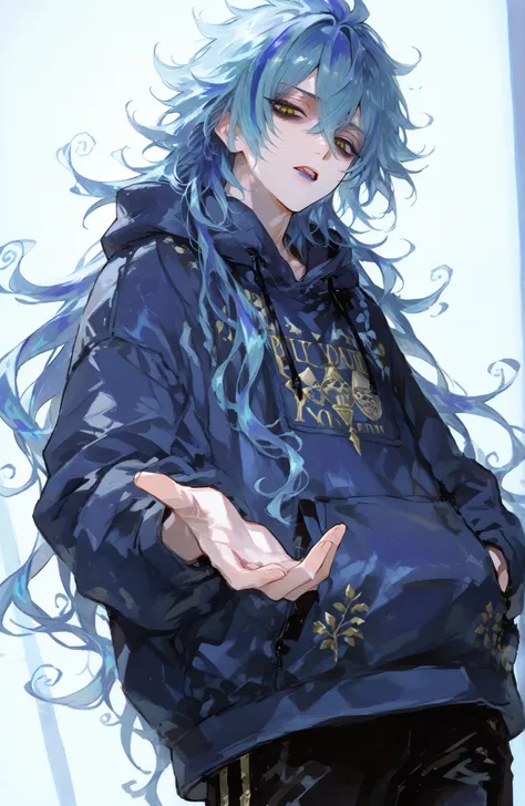Mature man, man, one man,BREAK Disney Twisted-Wonderland,Disney Twisted-Wonderland_idia shroud, idia shroud, Male, man, standing, serious, yellow eyes, blue lip , burnt blue hair, Dark blue roots, gradation hair, burnt light blue hair, long hair, bangs,Yel...