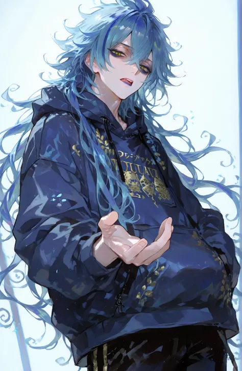 Mature man, man, one man,BREAK Disney Twisted-Wonderland,Disney Twisted-Wonderland_idia shroud, idia shroud, Male, man, standing, serious, yellow eyes, blue lip , burnt blue hair, Dark blue roots, gradation hair, burnt light blue hair, long hair, bangs,Yel...