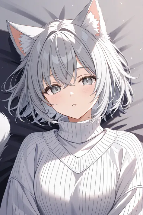 A cat girl wearing a white sweater, short silver hair, and gray eyes