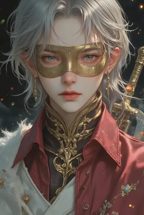 narrative poem, sparkle, particle , growing,Human,SHN'S JOURNEY,1Male, solo, Malaysian Blade of Michela, long hair, Red-Silver hair, wavy hair, helmet, helmet over eyes, covered eyes , arm up, Shiny Armor, Gold Armor, Brown Dress, white skirt, bug, cape...