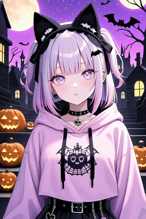 masterpiece, high score, great score, absurdres, Cute tati moons style, gothic girl wearing pink hoodie, Halloween,, well lit, pastel goth, 12k, ultra-detailed 