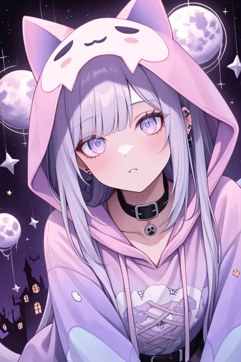 masterpiece, high score, great score, absurdres, Cute tati moons style, gothic girl wearing pink hoodie, Halloween,, well lit, pastel goth, 12k, ultra-detailed 