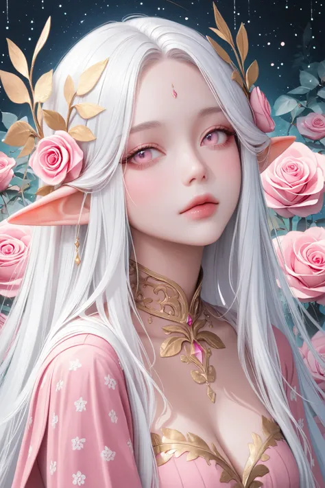 A digital painting of a light-skinned, ethereal elf girl with long, flowing, white hair, wearing a delicate pink and rose-gold adornment in her hair and around her neck. Focus on soft, pastel, and muted colors with a light, whimsical style and detailed, re...