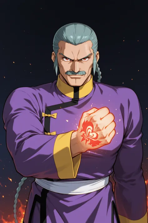 1man, from front, face focus, looking at viewer, a man's glowing palm showing a burning crest of the King of Hearts, upper body, anime style;, Master Asia from Mobile Fighter G Gundam, Mustache, Braid, Grey Hair, Yellow neck, clenched fists, Chinese Clothes, Purple Pants, gentle smile, masterpiece, best quality, highly detailed, extremely detailed, absurdres, 4k, 8k, super resolution, intricate details, perfect anatomy	
