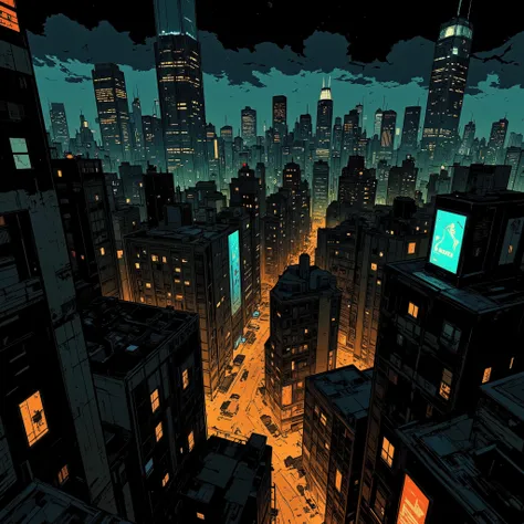 an urban scene at night, predios, cidade, caos, sem personagens, apenas a paisagem, visao por cima,  Graphic Novel style 