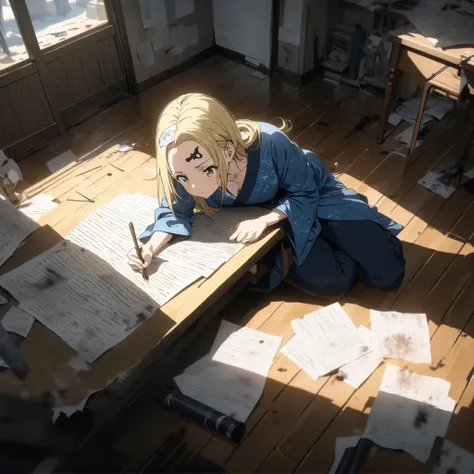 (masterpiece, best quality, anime style, ultra-detailed, 8k, Edel sitting cross-legged on the floor in the center of a messy but purposeful room, mature woman with long yellow-blonde hair and brown eyes, wearing a short blue kimono and fitted dark blue pan...