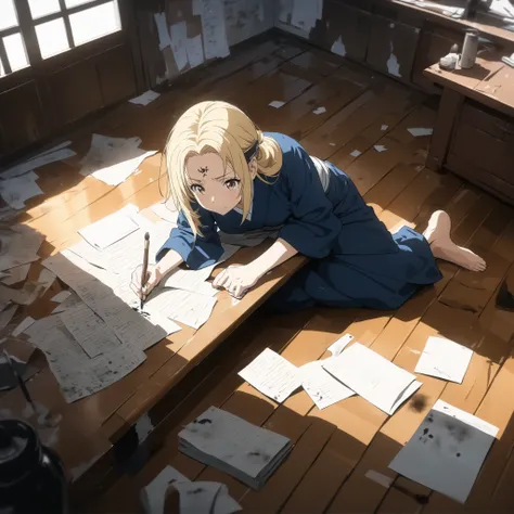 (masterpiece, best quality, anime style, ultra-detailed, 8k, Edel sitting cross-legged on the floor in the center of a messy but purposeful room, mature woman with long yellow-blonde hair and brown eyes, wearing a short blue kimono and fitted dark blue pan...