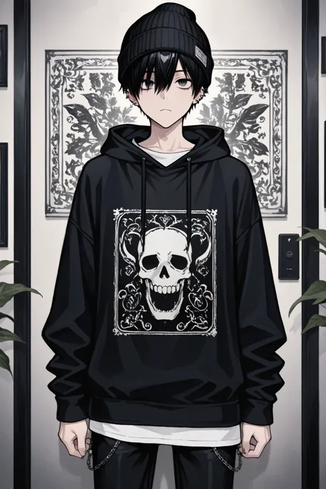 1boy, male focus, gothic male, black hair, piercings, beanie, masterpiece, best quality,absurdres , digital art style, drawn aesthetic, concept painting, ultrahigh definition,masterpiece, best quality, amazing quality, newest, very aesthetic,
