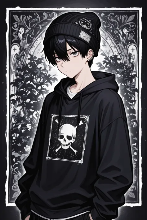 1boy, male focus, gothic male, black hair, piercings, beanie, masterpiece, best quality,absurdres , digital art style, drawn aesthetic, concept painting, ultrahigh definition,masterpiece, best quality, amazing quality, newest, very aesthetic,