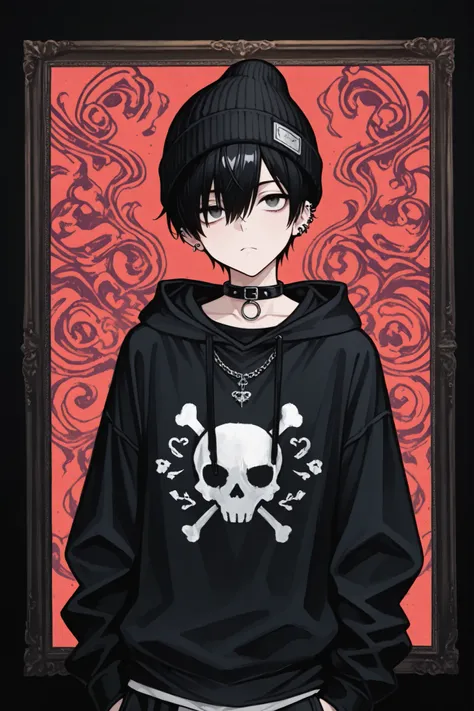1boy, male focus, gothic male, black hair, piercings, beanie, masterpiece, best quality,absurdres , digital art style, drawn aesthetic, concept painting, ultrahigh definition,masterpiece, best quality, amazing quality, newest, very aesthetic,