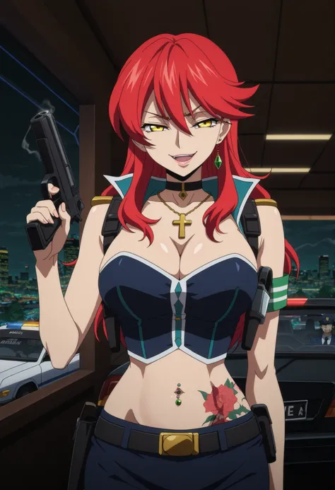 1girl,solo,mm,mature female,long hair, red hair,yellow eyes,single earring,,anime coloring,
,masterpiece,best quality,amazing quality,ear piercing, long hair, , lipstick,Hot girl, baddie, smoking, sensual, attractive ,cross necklace, choker, bar background...