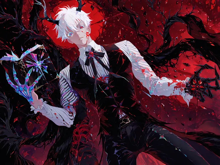 chromatic aberration, colorful, Chromora, hatching \(texture\), colorful, (flat colors:1.3), (demon boy, red pupils, black antlers, skeletal hands), 1boy, male focus, gojou satoru, white eyelashes, blue eyes, white hair, short hair, hair between eyes, sexy man, handsome, mature male, muscular, striped clothes, long sleeves, black suit, neck ribbon, stole, high collar, striped shirt, collared shirt, white shirt, black pants, solo, cowboy shot, dynamic pose, from below, looking at viewer, blood on face, blood on hands, blood on clothes, holding book, holding weapon, holding staff, blood, red crystal, black theme, red theme, abstract, surreal, horror theme, BREAK crystal core, crystal aesthetic, gemcore, shiny crystals, magical crystals, glowing gems, transparent shards, crystalline texture, ethereal glow, holographic fragments, iridescent, rainbow reflections, holographic colors, translucent, glass-like,