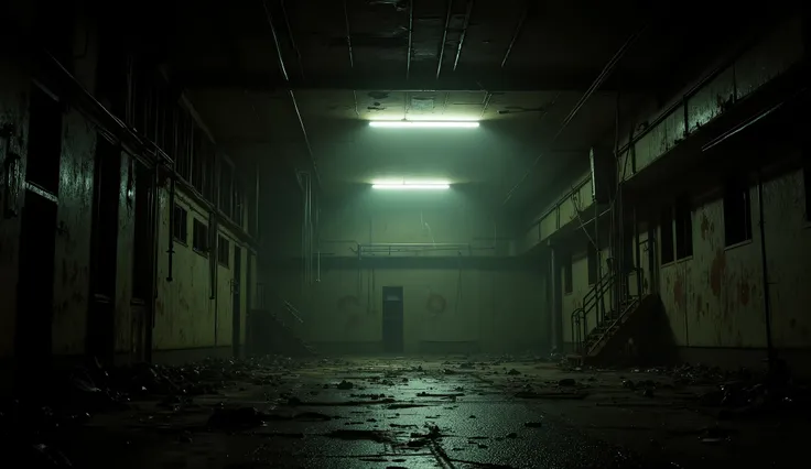 Abandoned asylum interior, decayed and eerie, horror movie style, flickering lights, unsettling ambiance.