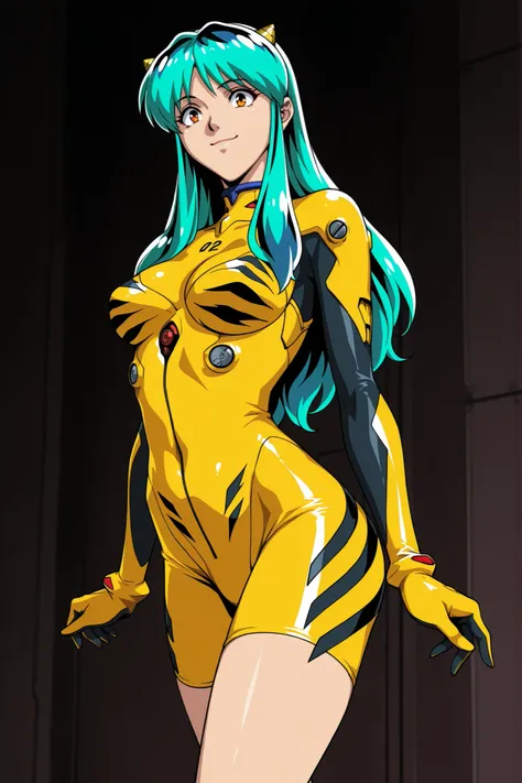 source_Evangelion,  cowboy shot, 最高品質。傑作。解剖学的に正確な。highly detailed eyes, perfect eyes, motherhood, ( solo, lumxl, lum,  long hair, green hair, aqua hair, multicolored hair, cone horns, mature female, orange eyes, smile, 大きな胸。standing, 両手を腰に当てる),  
(yellow b...