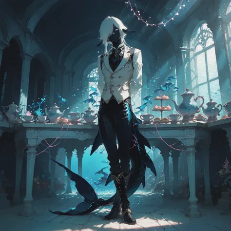 full body, atmospheric perspective, standing, arms folded behind back, head tilt, bored gaze, graceful posture, curious expression, 1 ((man)), naiad, ((no pupils)), short white hair, long bangs, hair over one eye, ((black skin,)) ((black merman ears)), ((w...