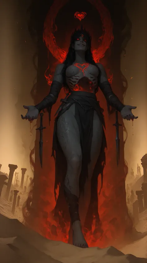 solo, closeup, female, undead, mummy, desiccated skin, charcoal-gray skin, ember-orange cracks, exposed ribs, hollow eye sockets, crimson smoke eyes, floating heart, blue-black fire, crystalline heart, glowing sigils, tattered gold loincloth, obsidian dagg...