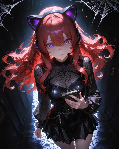 masterpiece, ultra detailed, 4K resolution, vivid colors, cinematic lighting, dynamic angle, perfect anatomy, natural proportions, expressive faces, realistic shading, soft ambient occlusion, a beautiful red-haired woman with long wavy hair on the ends, wearing a headset with ears, purple eyes, beautiful body, nice curves, wearing casual clothes while looking at her empty black money wallet in her hand, showing a little fly coming out of it and spider webs inside the wallet, expression of sadness in her eyes, tears running down, lighting by a spotlight directly on the character, the other a darkness where nothing can be seen, dramatic lighting