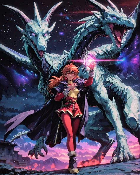 Masterpiece, ultra detailed, 4K resolution, cinematic lighting, dynamic angle, perfect anatomy, natural proportions, expressive faces, realistic shading, smooth ambient occlusion, Lina Inverse from the 1990 anime Slayer, wearing a cyberpunk-style wizard ou...