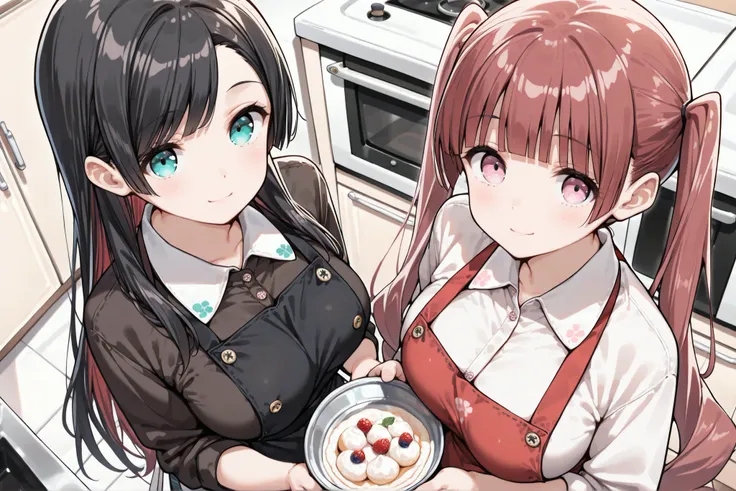 2 girls, from above, (((kitchen))), Two girls, Girl A with blunt bangs and twin tails, and Girl B with slicked back bangs and very long black hair, are making sweets in the kitchen, are making sweets in the kitchen, ((girl A: dark red hair:1.5, blunt bangs...