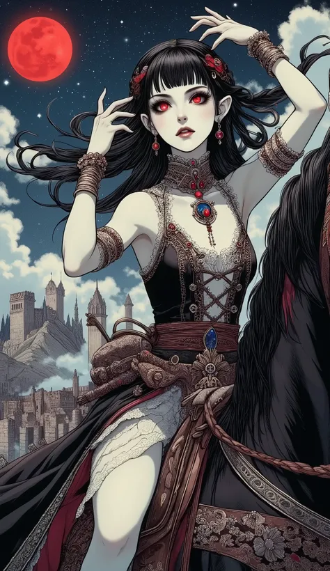 (A fusion of Ukiyo-e and dark fantasy. Aesthetic and gothic digital art. Illustrations are drawn from a bird's eye view from above.) BREAK (Jet black hair. Blunt bangs. Black eyebrows. Long black eyelashes. Almond-shaped eyes. Glowing red eyes. Dark, thick...