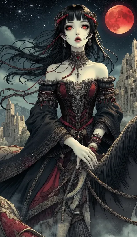 (A fusion of Ukiyo-e and dark fantasy. Aesthetic and gothic digital art. Illustrations are drawn from a bird's eye view from above.) BREAK (Jet black hair. Blunt bangs. Black eyebrows. Long black eyelashes. Almond-shaped eyes. Glowing red eyes. Dark, thick...